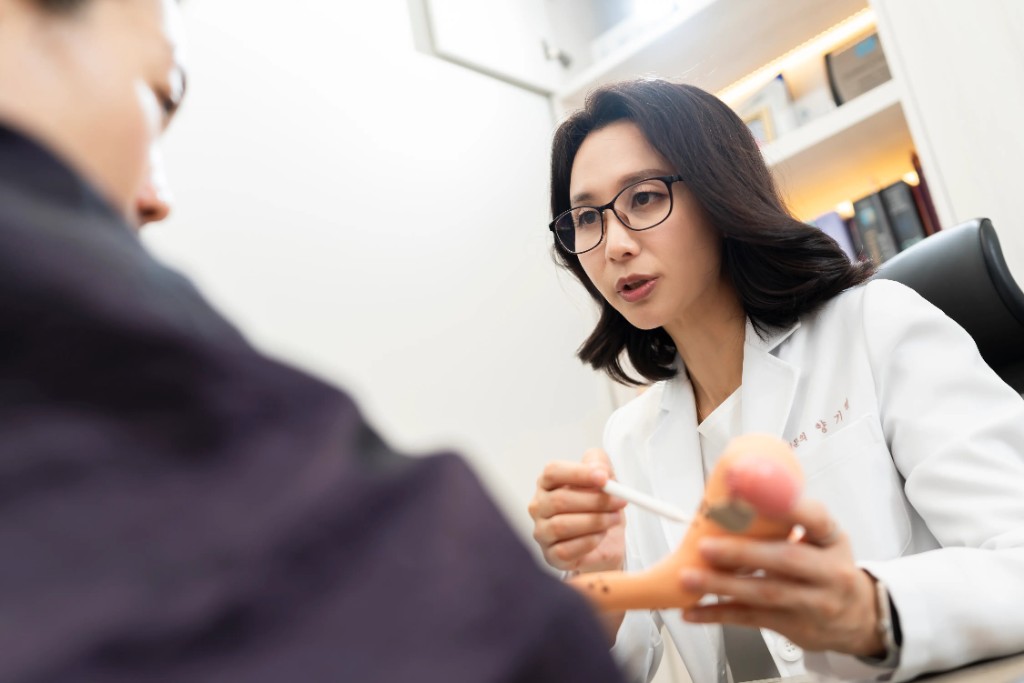 산부인과 전문의가 자궁·난소 모형으로 갱년기 증상과 치료를 설명하는 상담 장면