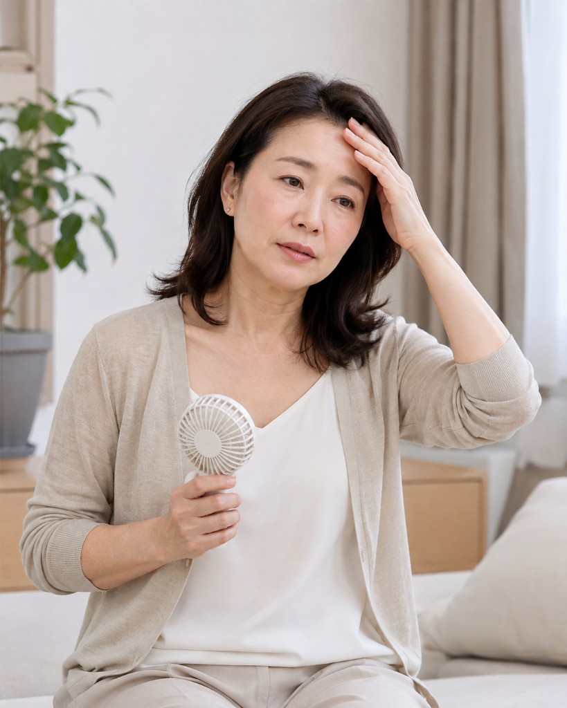 안면홍조와 열감으로 불편해하는 중년 여성 — 갱년기 대표 증상